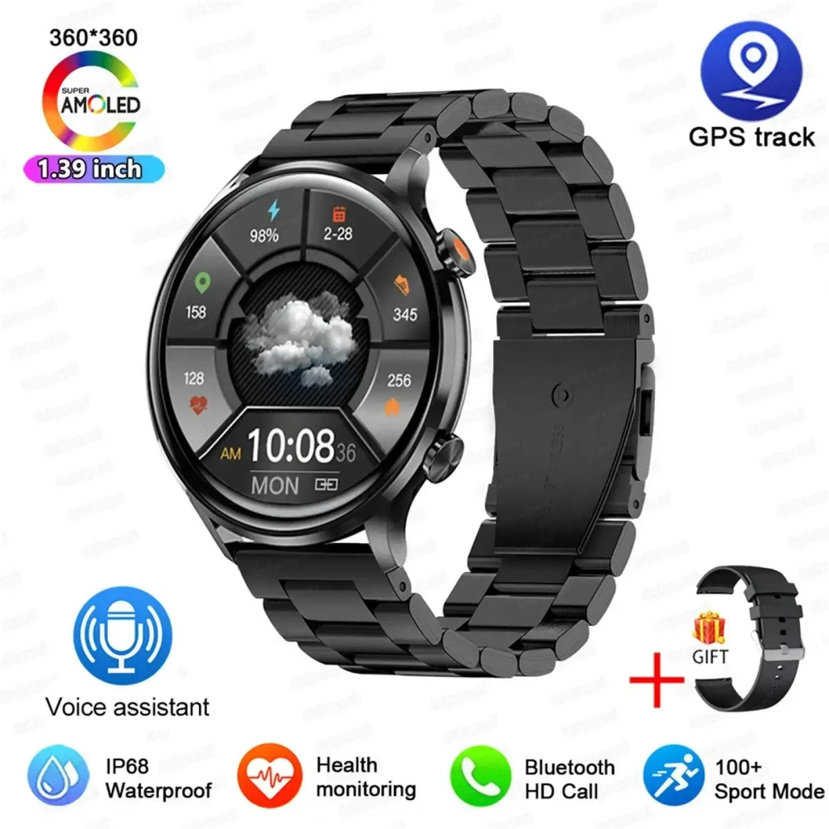 Black stainless steel amoled smartwatch with 1.39-inch super amoled display and gps tracking ip68 waterproof Bluetooth call