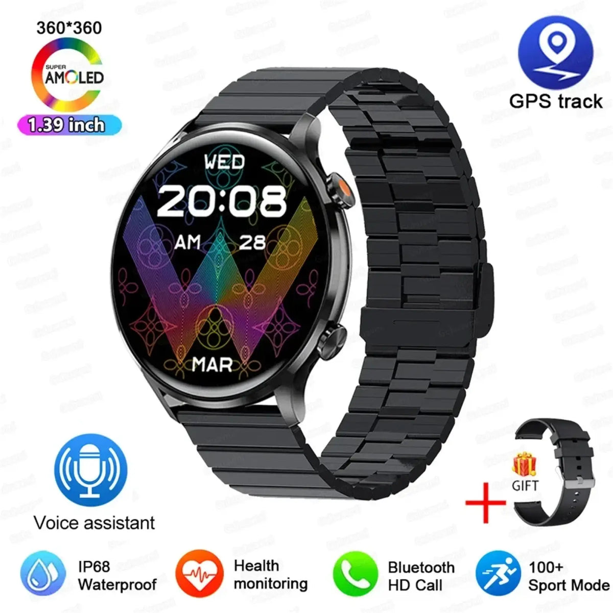Black metal-link amoled smartwatch with 1.39-inch screen showing colorful patterns and features gps and ip68 waterproofing