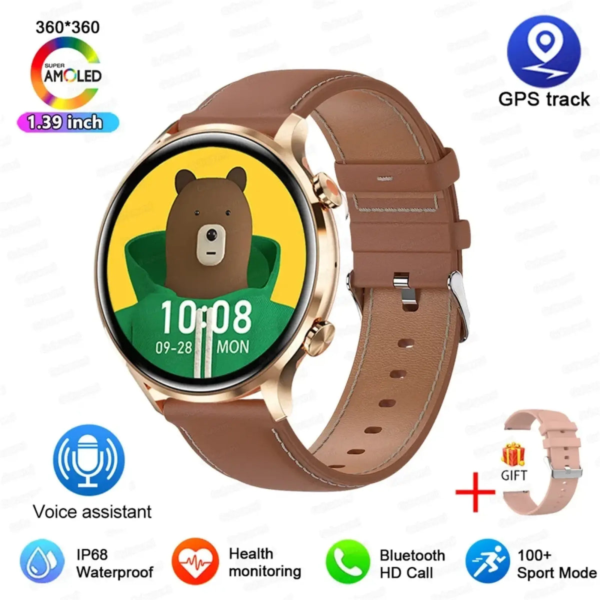Gold-tone amoled smartwatch with 1.39-inch screen displaying cartoon bear, brown leather strap and GPS tracking features