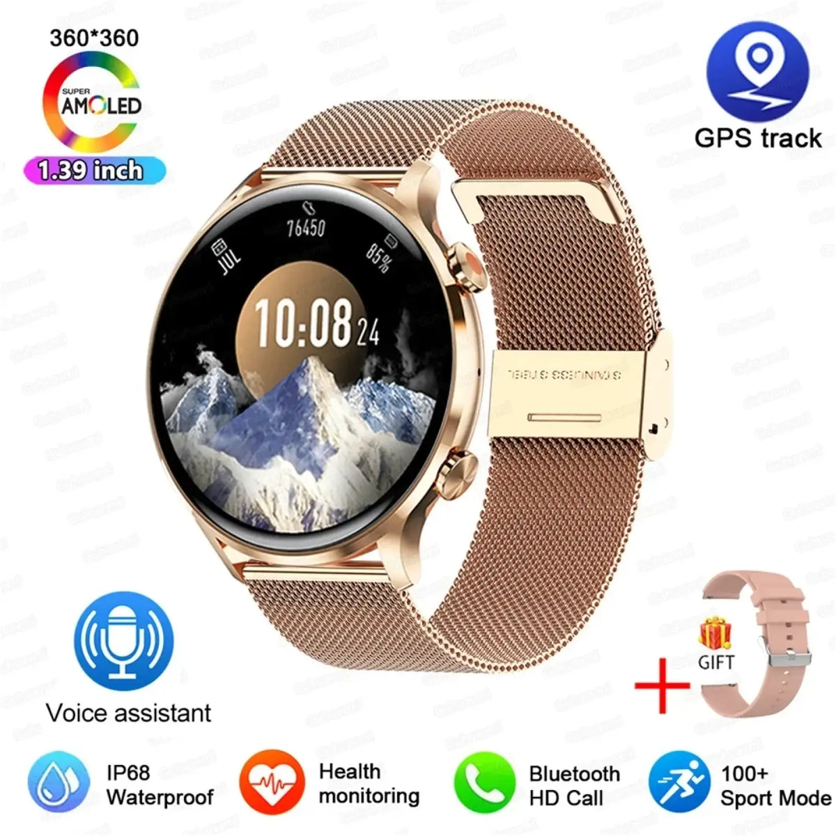 Rose gold mesh band amoled smartwatch with 1.39-inch display featuring gps tracking ip68 waterproofing and bluetooth call
