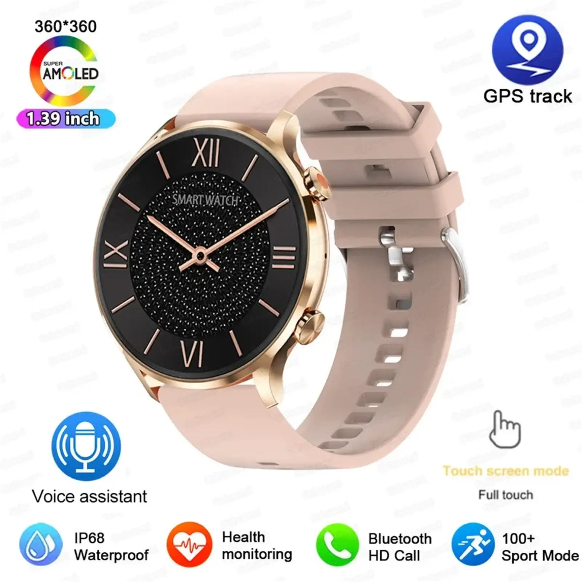 Rose gold amoled smartwatch with black dial roman numerals textured face and soft pink silicone strap bluetooth call ip68 waterproof