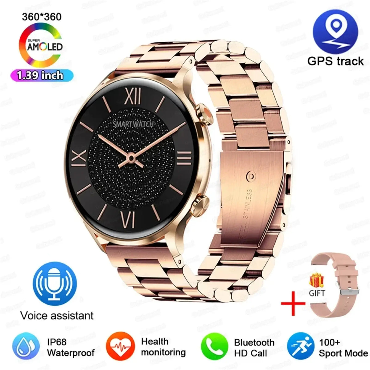 Rose gold stainless steel amoled smartwatch with black dial featuring roman numerals and textured center, bluetooth call ip68 waterproof