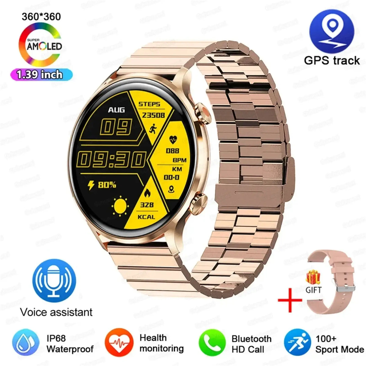 Rose gold stainless steel amoled smartwatch with 1.39 inch screen displaying fitness metrics and pink silicone strap gift