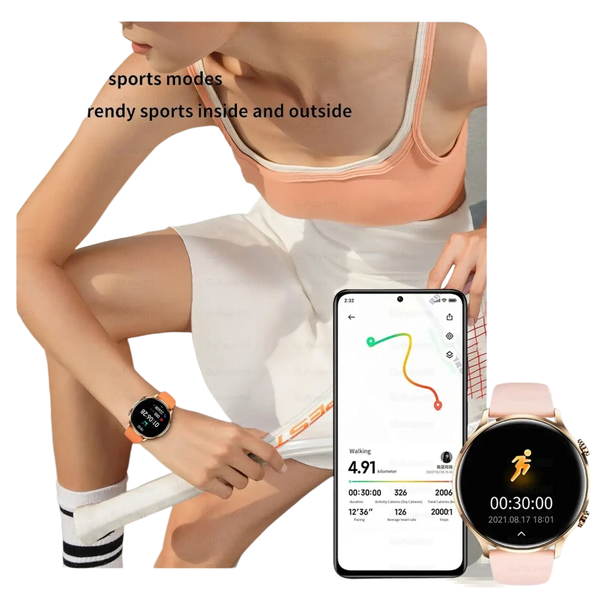 Orange sporty amoled smartwatch with round face and matching band featuring bluetooth call and ip68 waterproof design