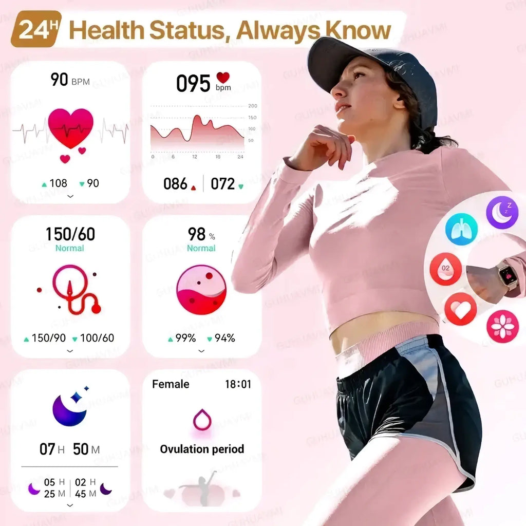 Woman wearing pink and black athletic outfit with matching cap showcasing amoled smartwatch bluetooth call ip68 waterproof