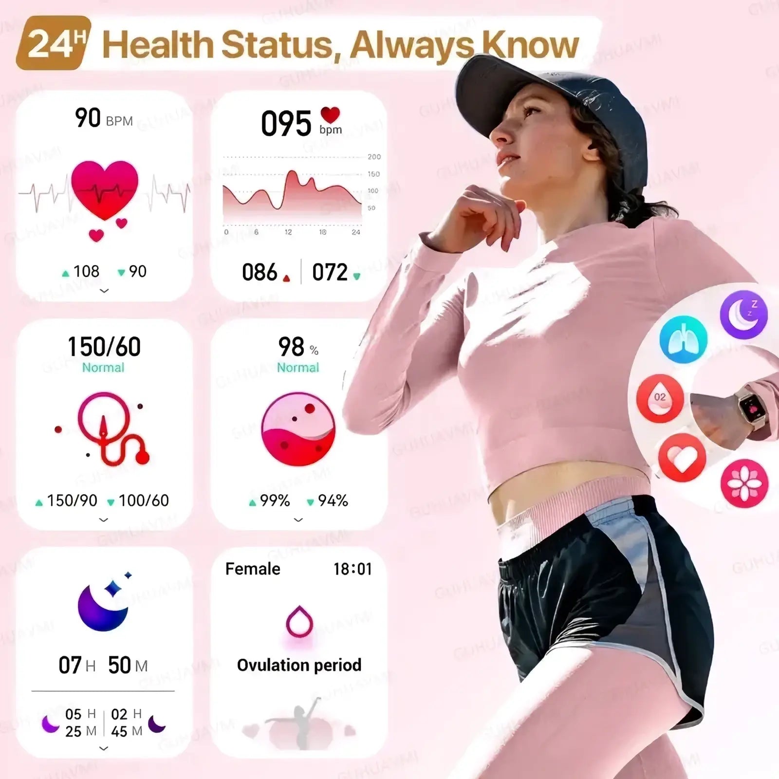 Woman wearing pink and black athletic outfit with matching cap showcasing amoled smartwatch bluetooth call ip68 waterproof