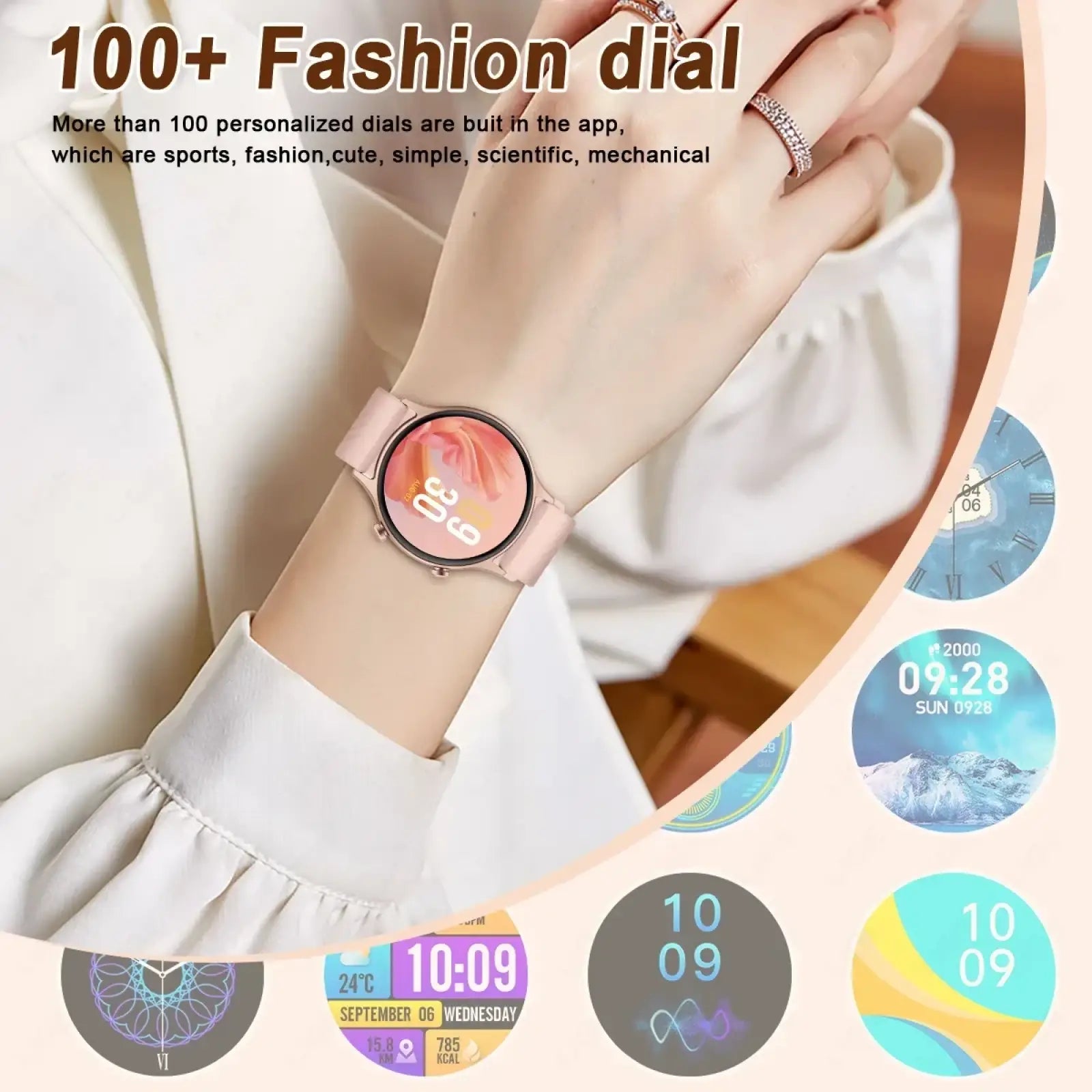 Pink silicone strap amoled smartwatch with circular digital display showing time and date Bluetooth call ip68 waterproof