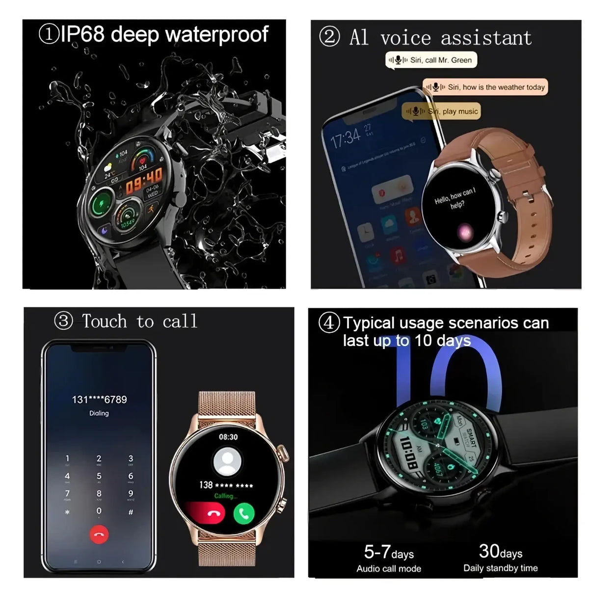 Amoled smartwatch with round digital display in black or rose gold with leather straps or metal mesh bands featuring bluetooth call and ip68 waterproof