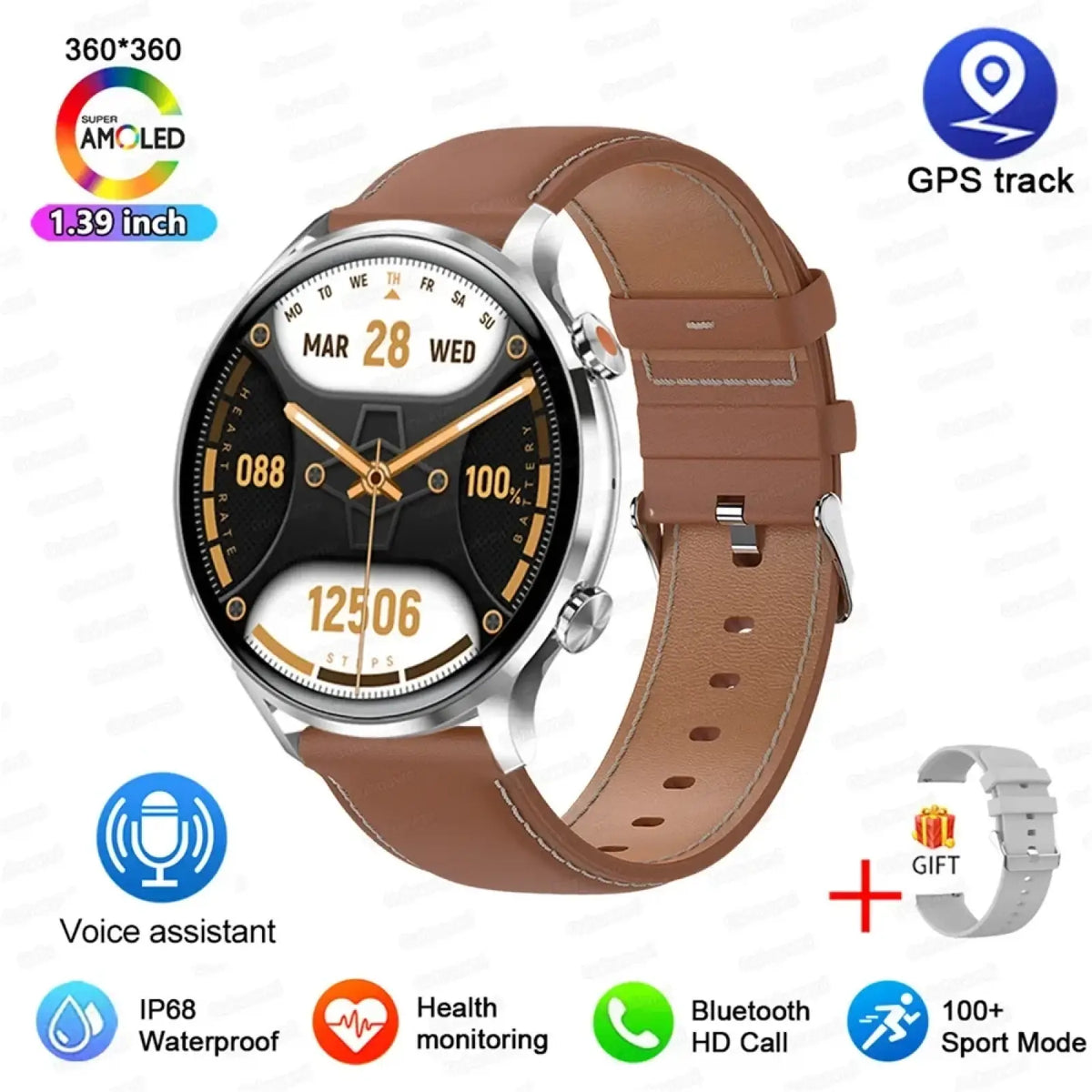 Brown leather strap amoled smartwatch with silver case and black display featuring bluetooth call and ip68 waterproof