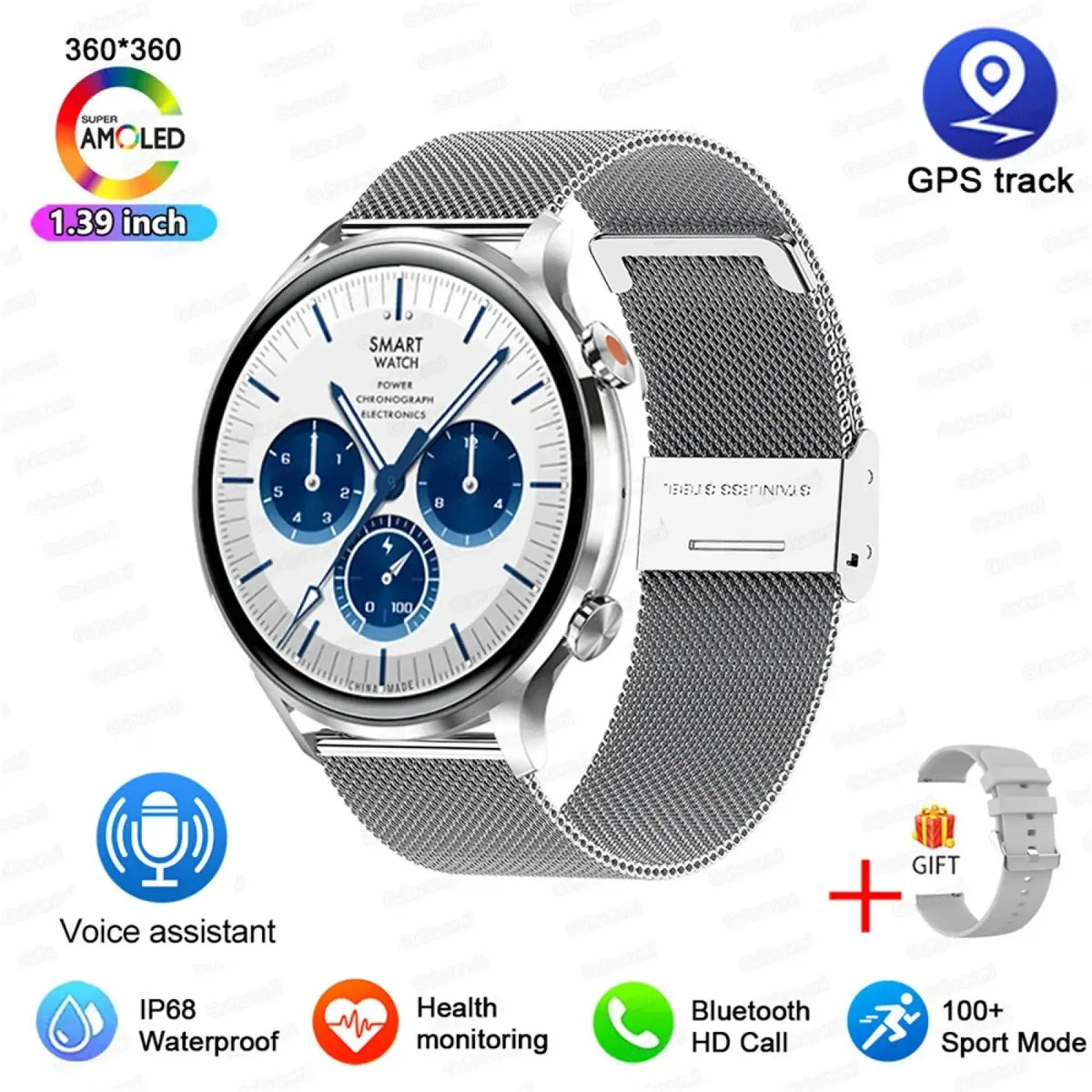 Amoled smartwatch with bluetooth call featuring a silver mesh band, white dial, blue subdials, and silver case