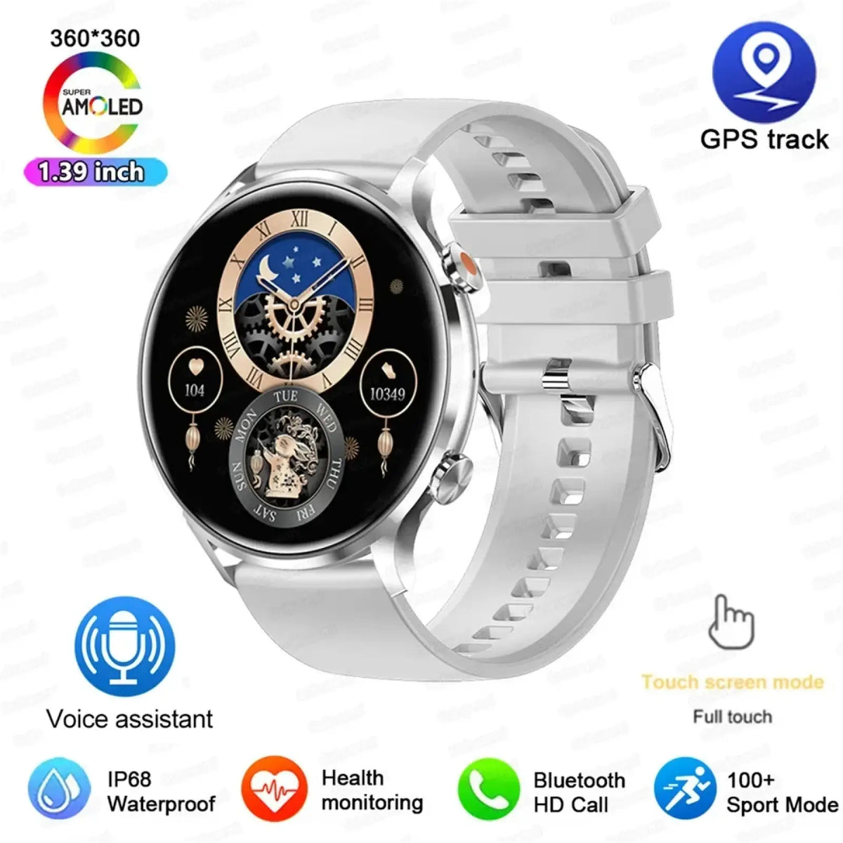 Amoled smartwatch with white silicone strap silver-tone case 1.39-inch super amoled screen and mechanical-style watch face