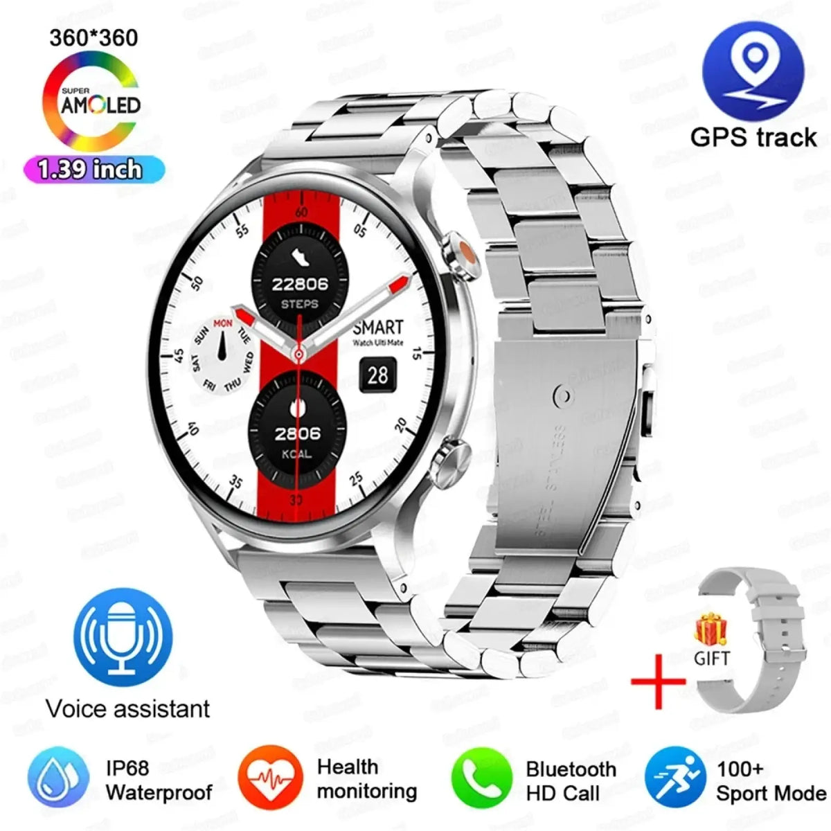 Silver stainless steel link bracelet amoled smartwatch with 1.39-inch super amoled display and red black dial by lifemate