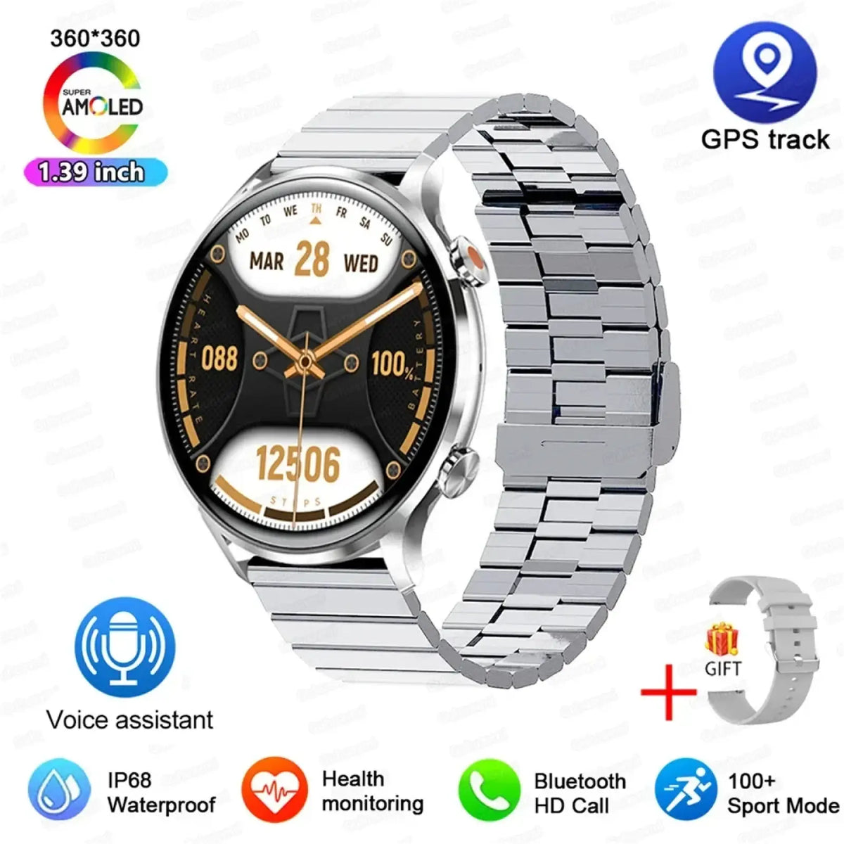 Silver metallic link bracelet amoled smartwatch with 1.39-inch super amoled display gps tracking and health monitoring