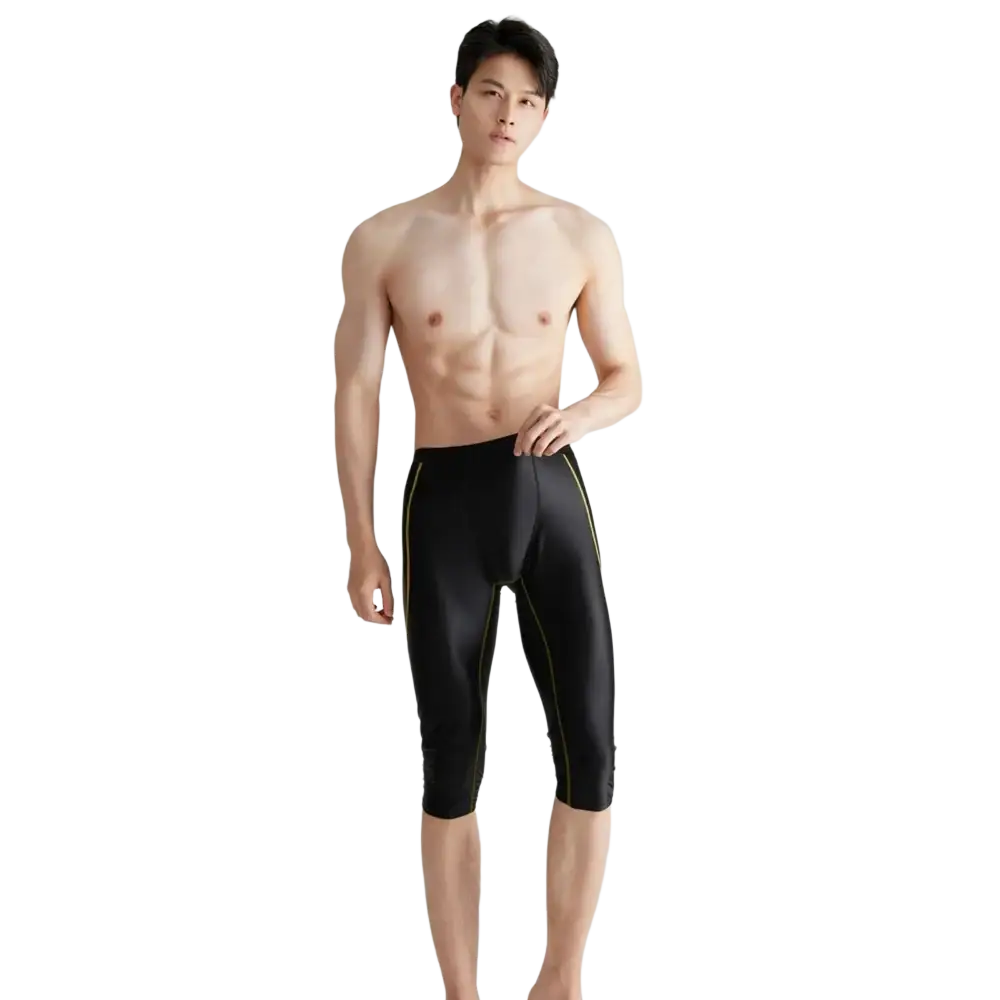 Black shiny compression swim trunks by amoresy with neon green side stripes designed for men