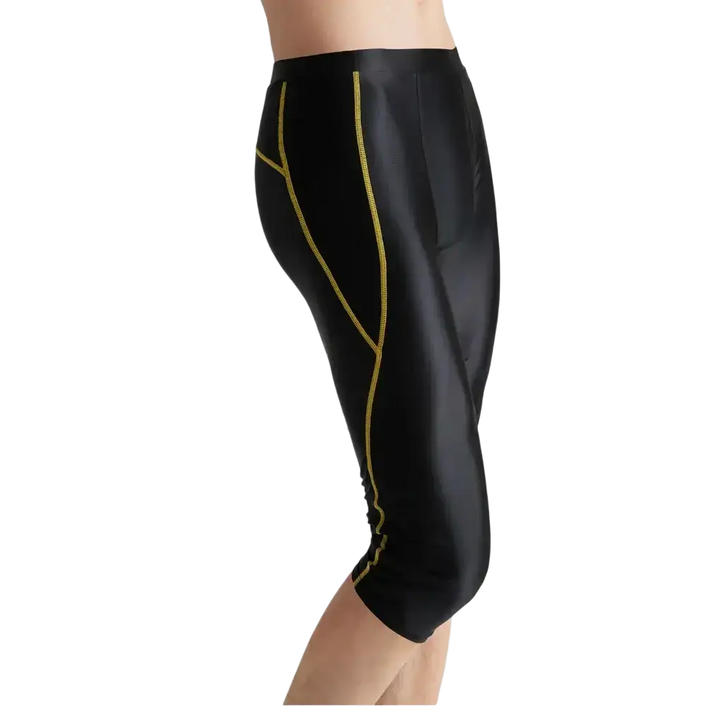 Amoresy men shiny black compression swim trunks with gold stitching designed for performance and comfort