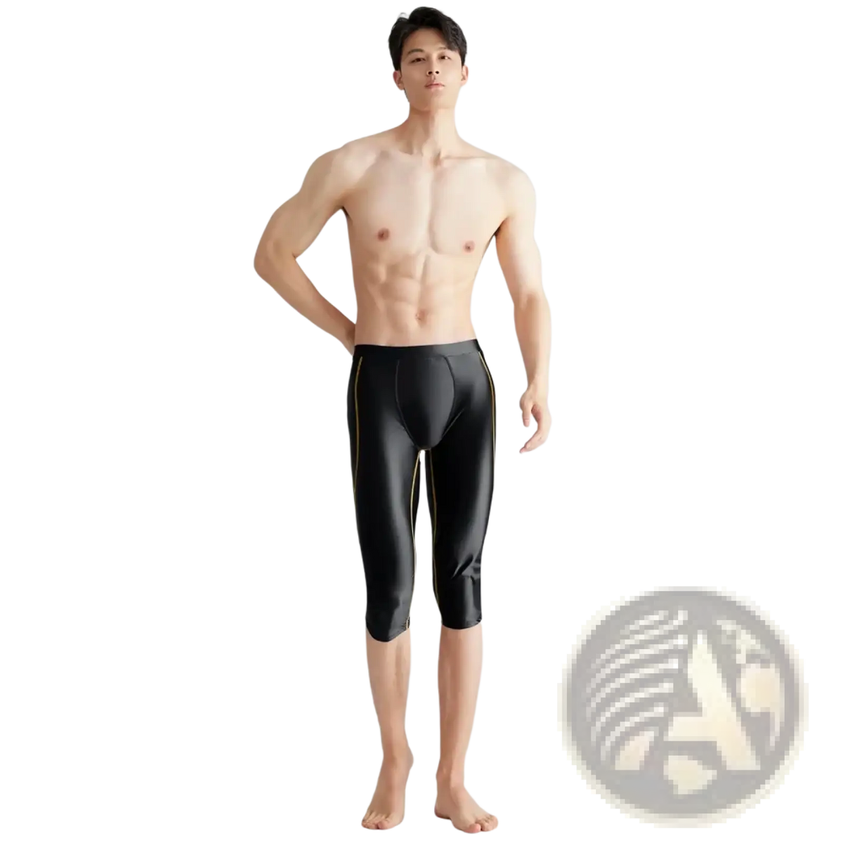 Amoresy men shiny compression swim trunks in black with gold trim along the sides made from form-fitting material