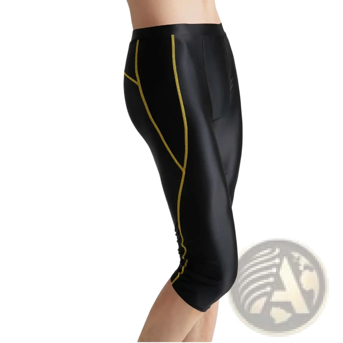 Amoresy men shiny compression swim trunks in black with gold stitching along the sides for swimwear use