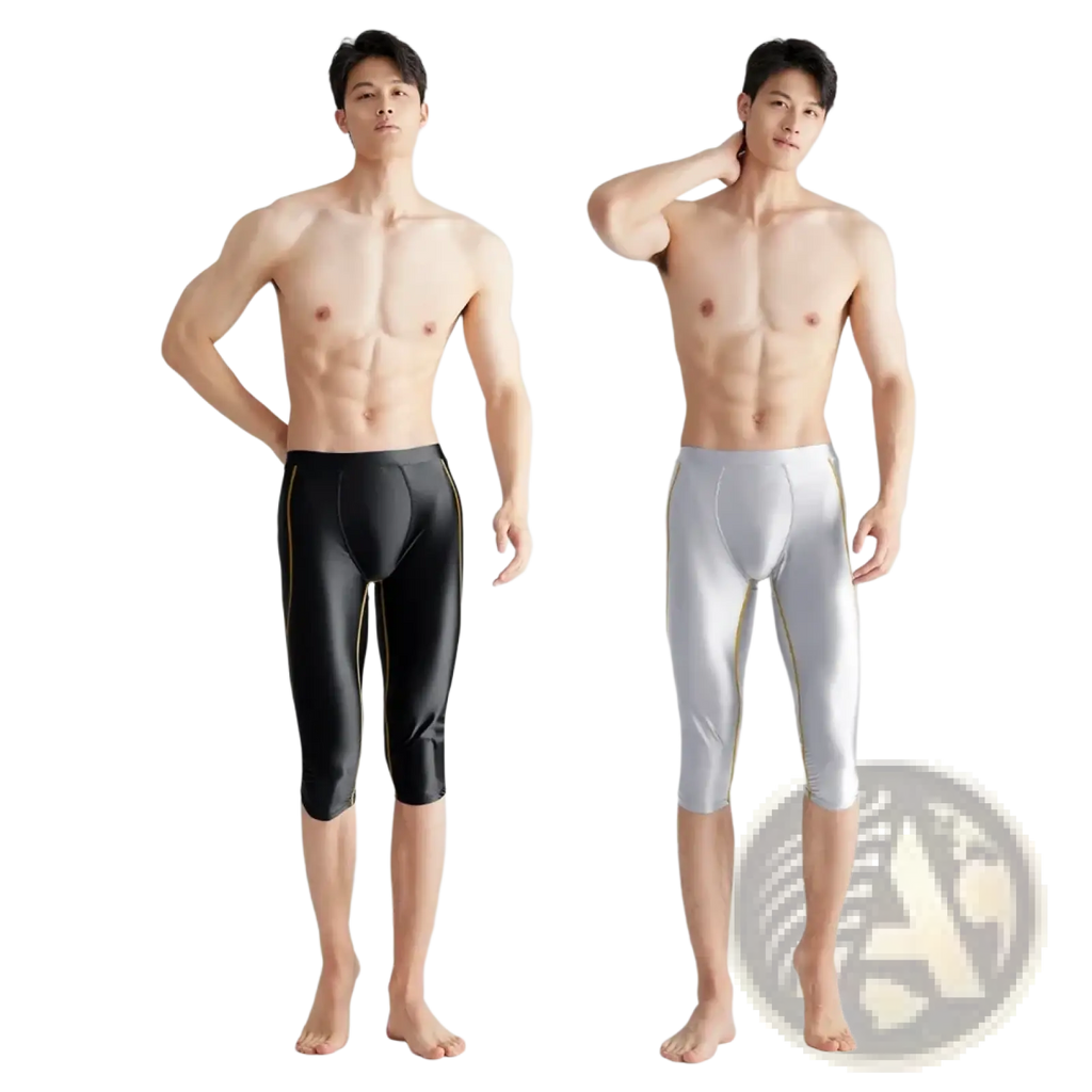 Amoresy men shiny compression swim trunks in black and silver with gold side stripes designed for swimming