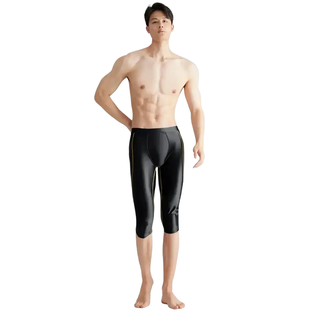 Black sleek amoresy men compression swim trunks with shiny reflective side stripes for performance swim use
