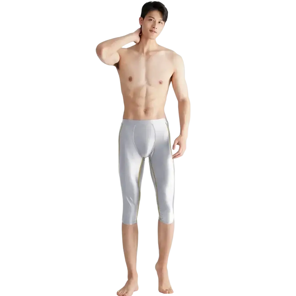 Shiny silver metallic amoresy men compression swim trunks with a sleek form-fitting design for enhanced performance