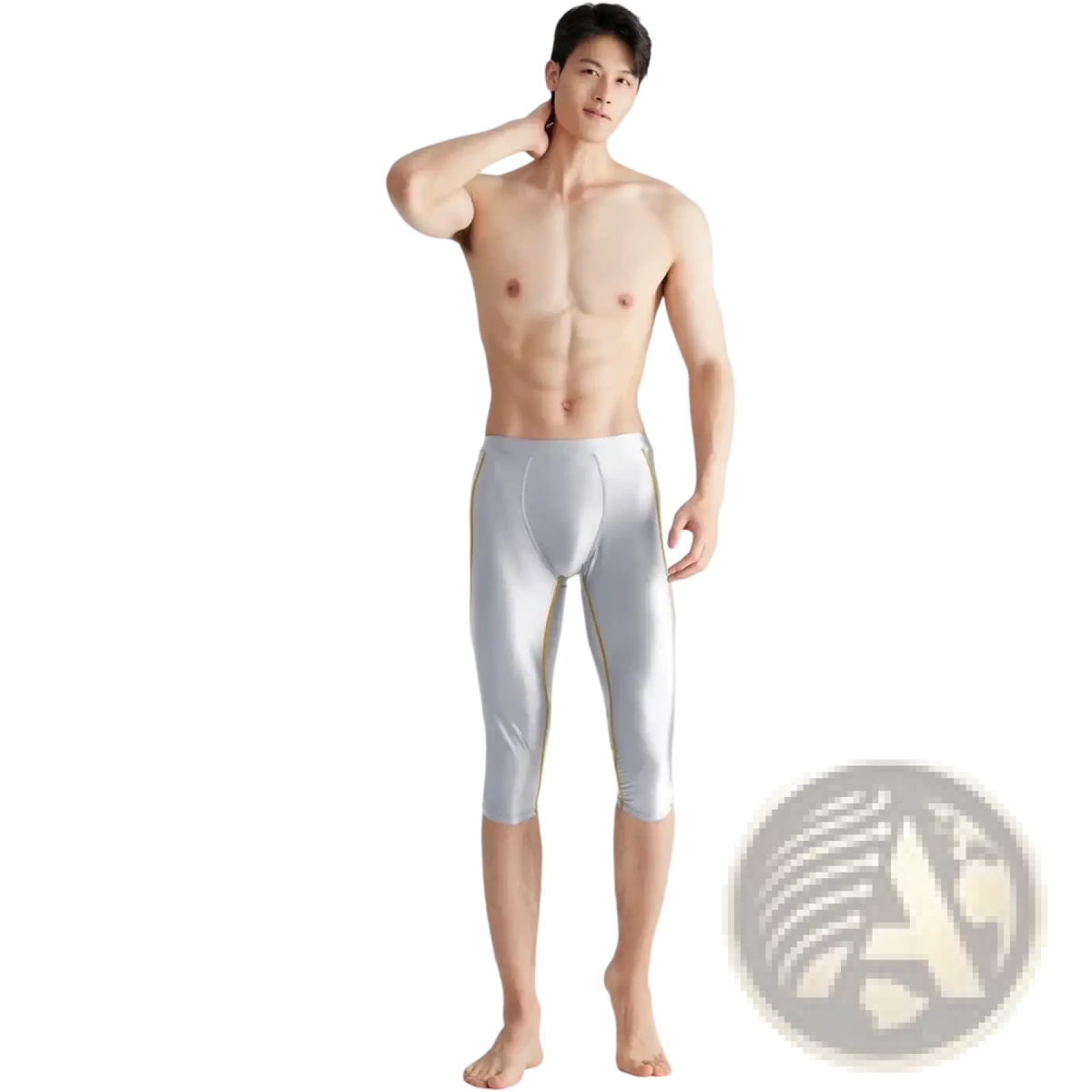 Amoresy men shiny compression swim trunks in silver metallic with subtle gold trim along the sides
