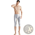 Amoresy men shiny compression swim trunks in silver with gold trim featuring form-fitting capri length design