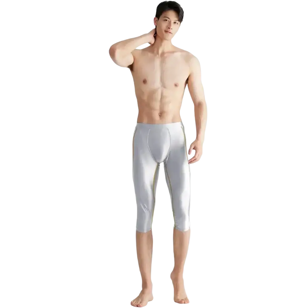 Shiny white amoresy men compression swim trunks with sleek form-fitting design for athletic use