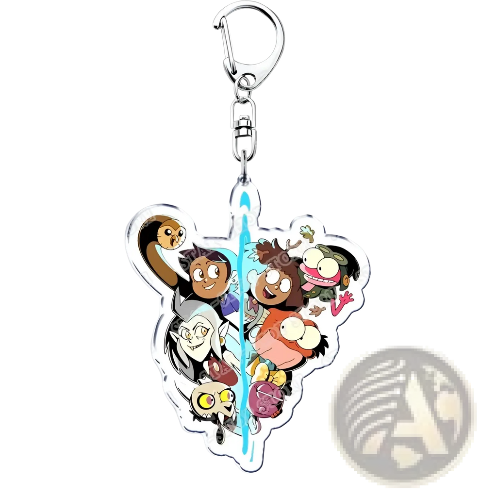 Clear acrylic keychain featuring the owl house animated characters in a heart design with silver metal clasp