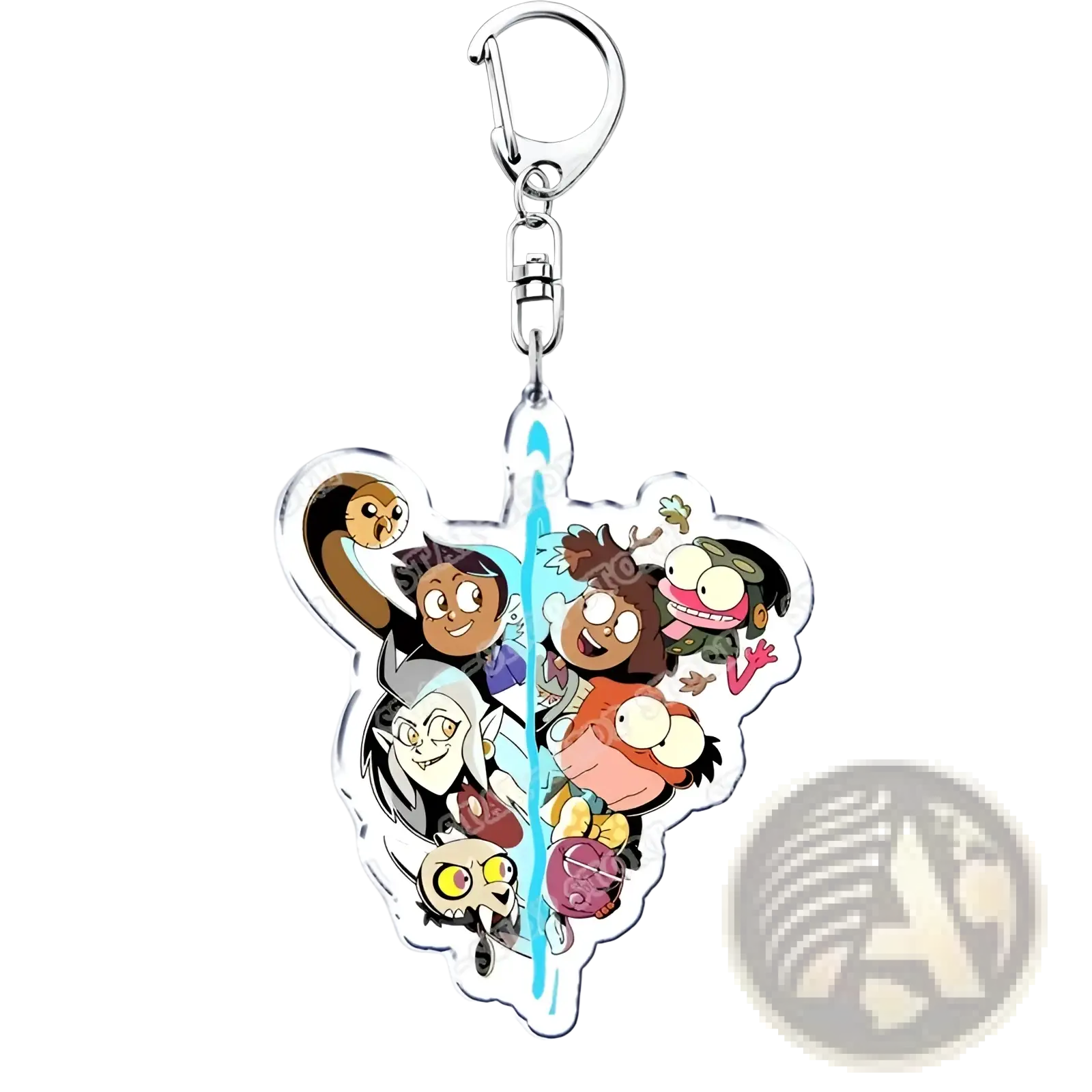 Clear acrylic keychain featuring the owl house animated characters in a heart design with silver metal clasp