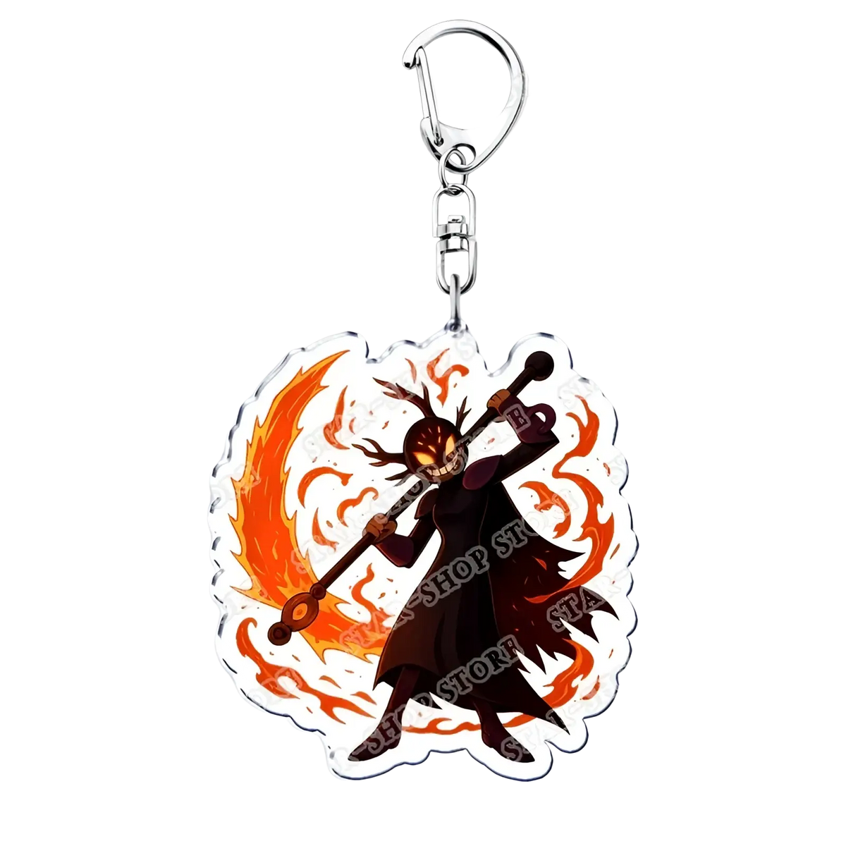 Amphibia anime acrylic keychain with black and orange flame theme featuring a stylized character with antlers and staff