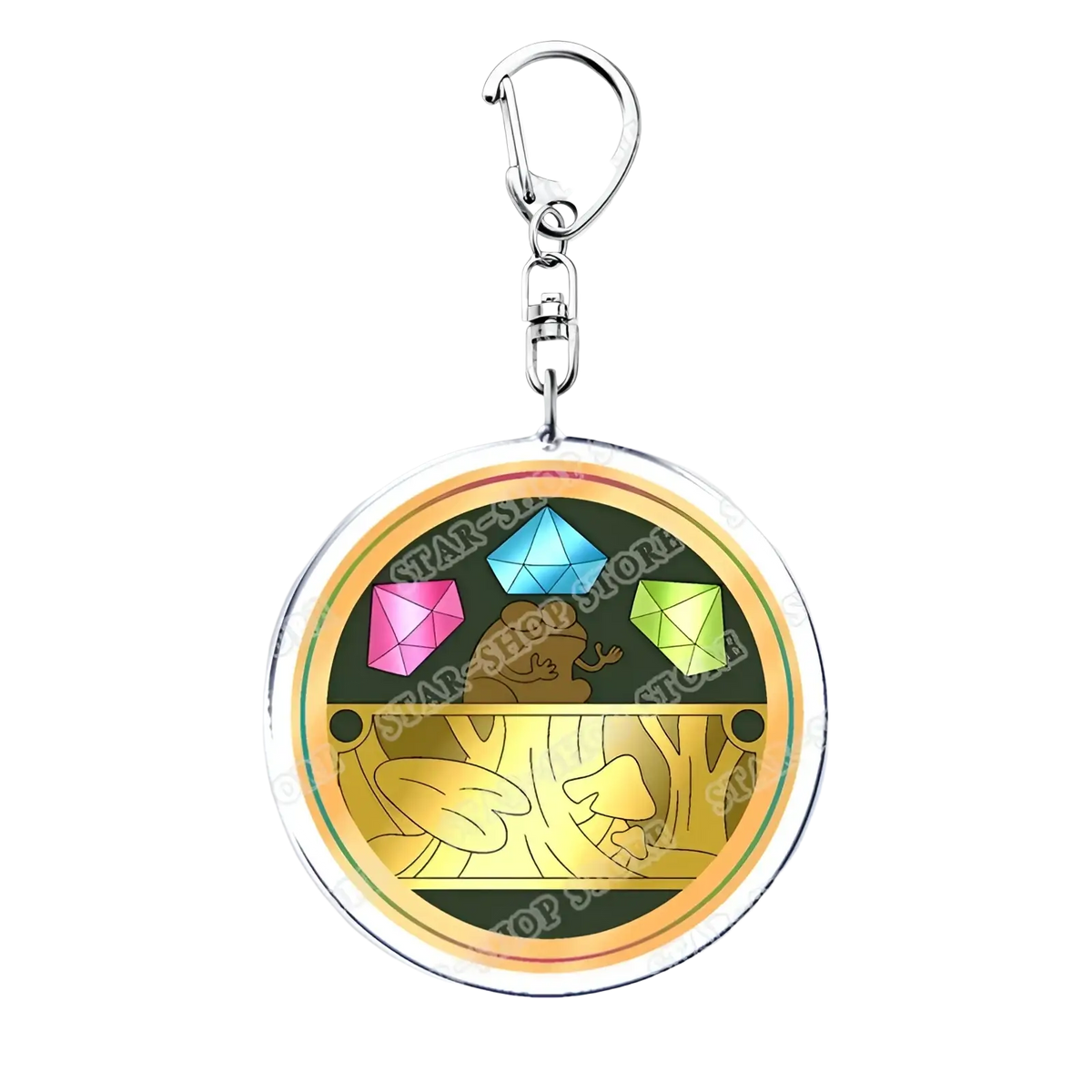 Circular acrylic Amphibia anime keychain with cartoon frog, colorful gemstones, and golden leafy patterns on dark background
