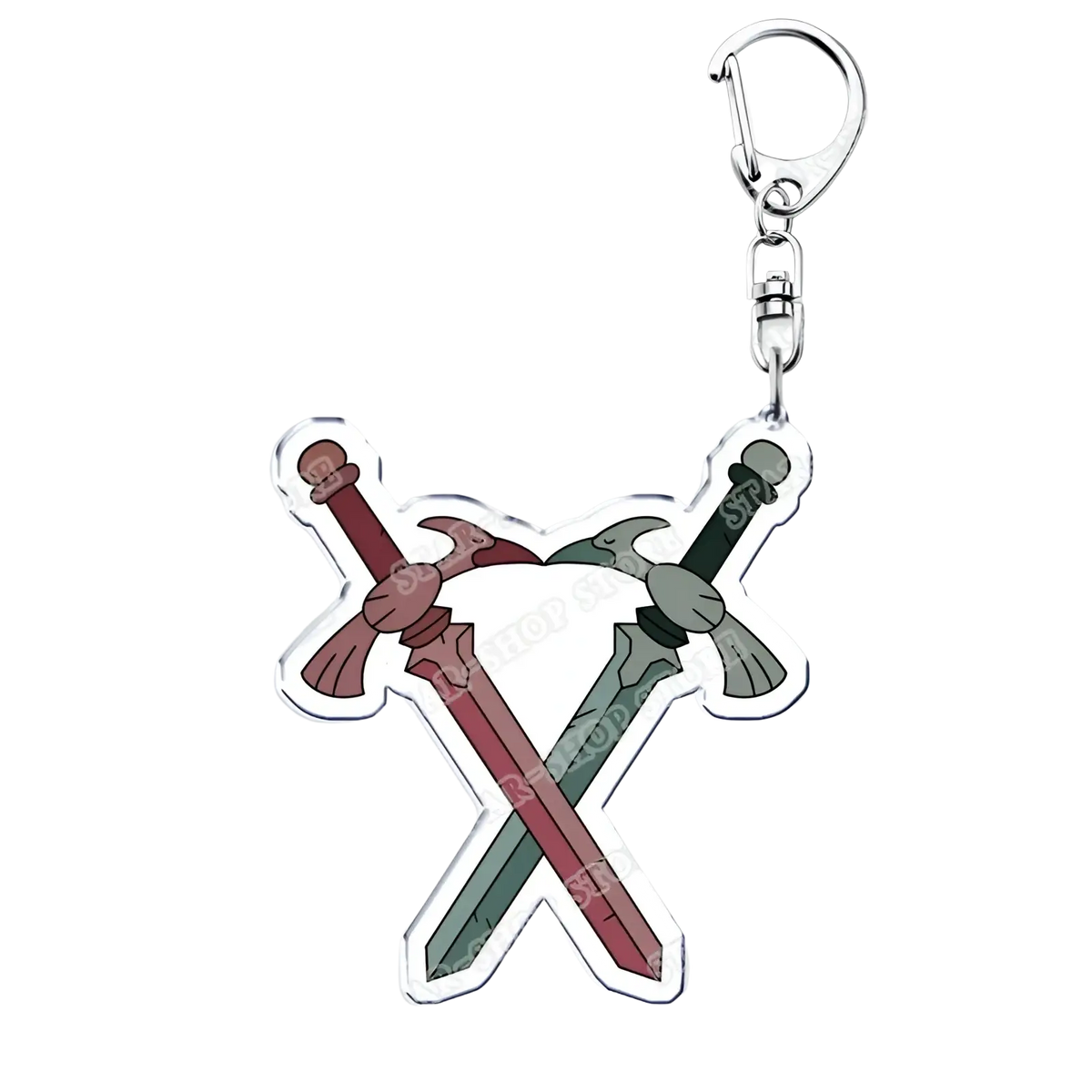 Clear acrylic Amphibia anime keychain featuring two crossed swords with reddish-brown and greenish-gray hilts