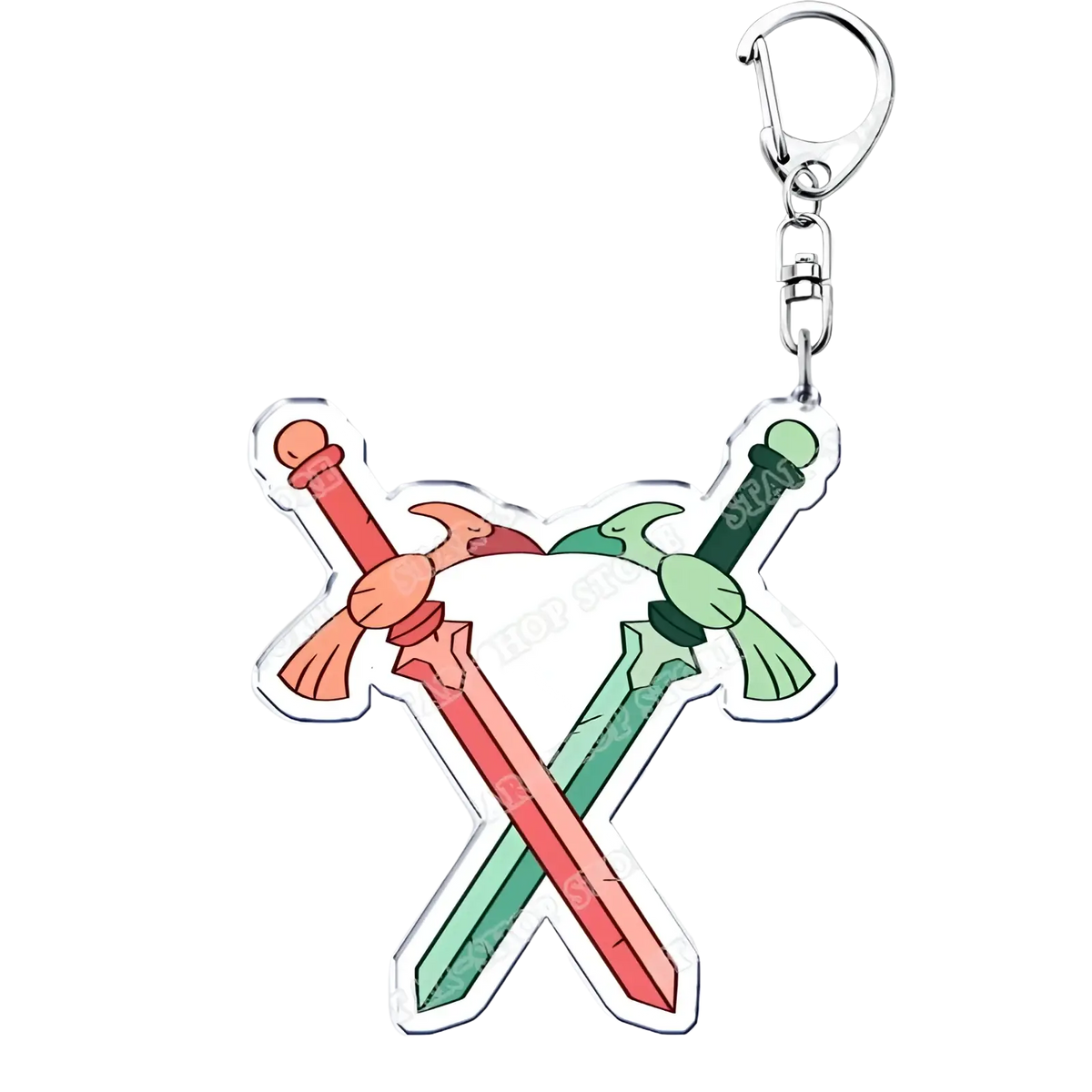 Clear acrylic Amphibia anime keychain featuring two crossed swords with red and green hilts outlined in white