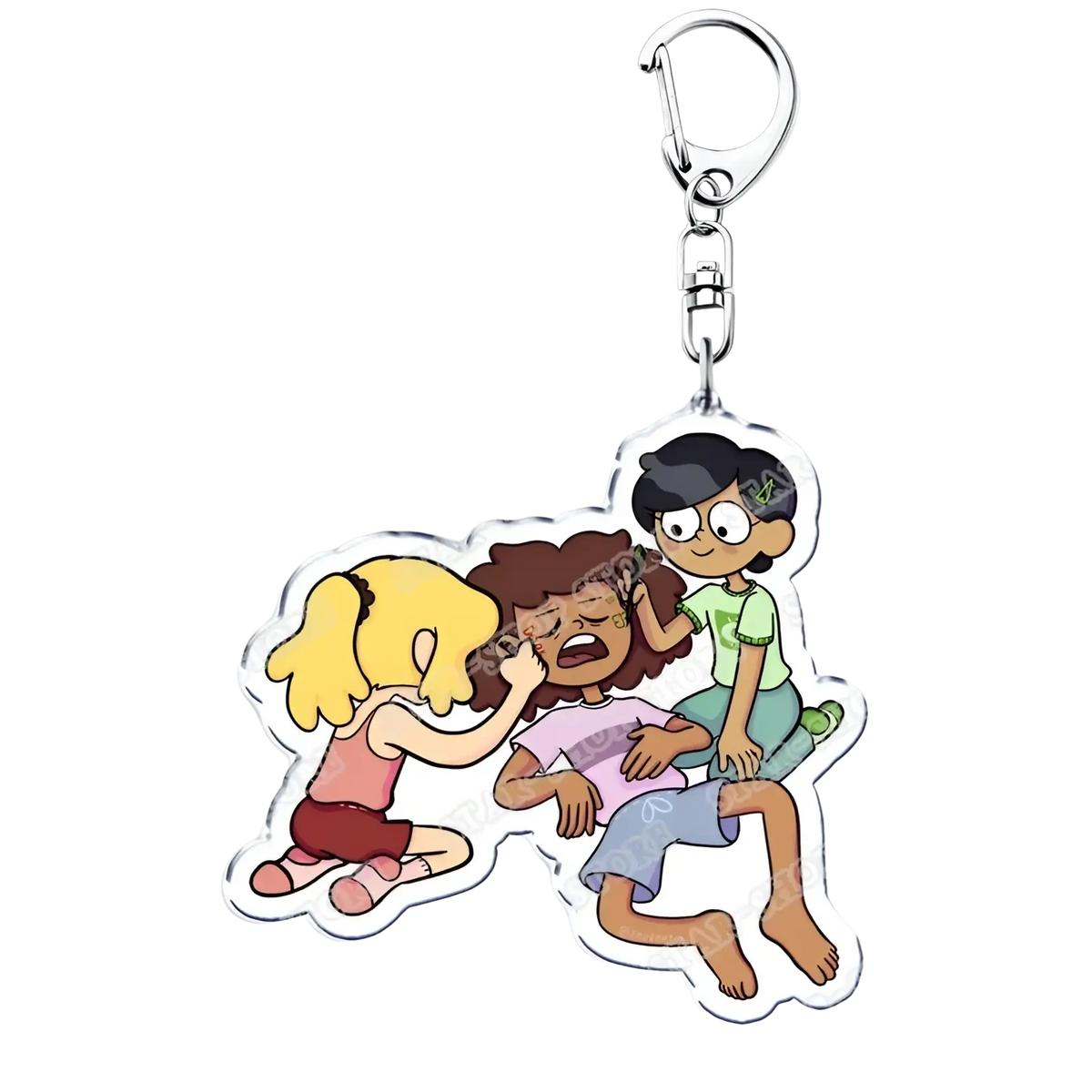 Clear acrylic amphibia anime keychain featuring three colorful animated owl house characters in dynamic scene