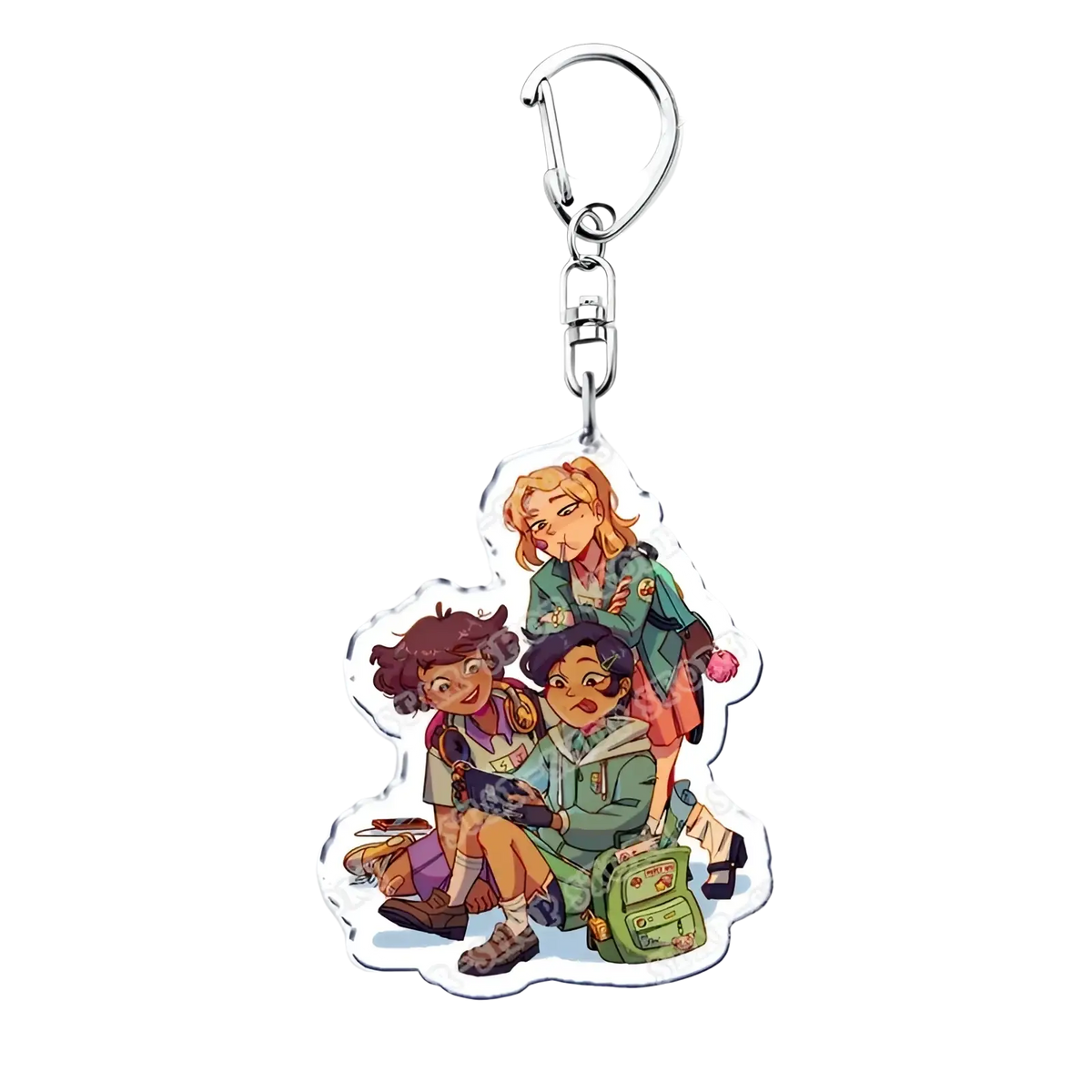 Clear acrylic amphibia anime keychain with three animated characters in scout uniforms and silver metal clasp