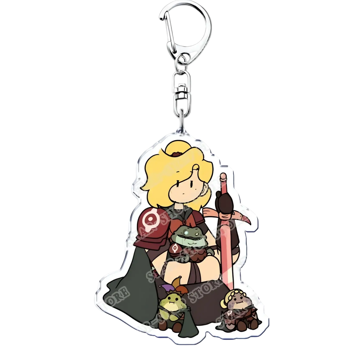 Clear acrylic amphibia anime keychain featuring chibi blonde character in red armor holding sword with small creatures
