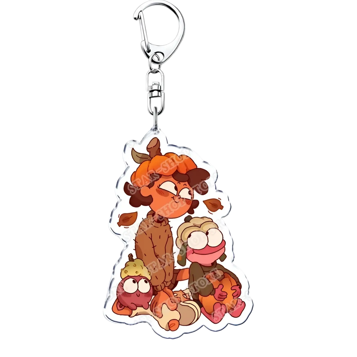 Clear acrylic amphibia anime keychain featuring cartoon characters in autumn outfits with silver metal clasp