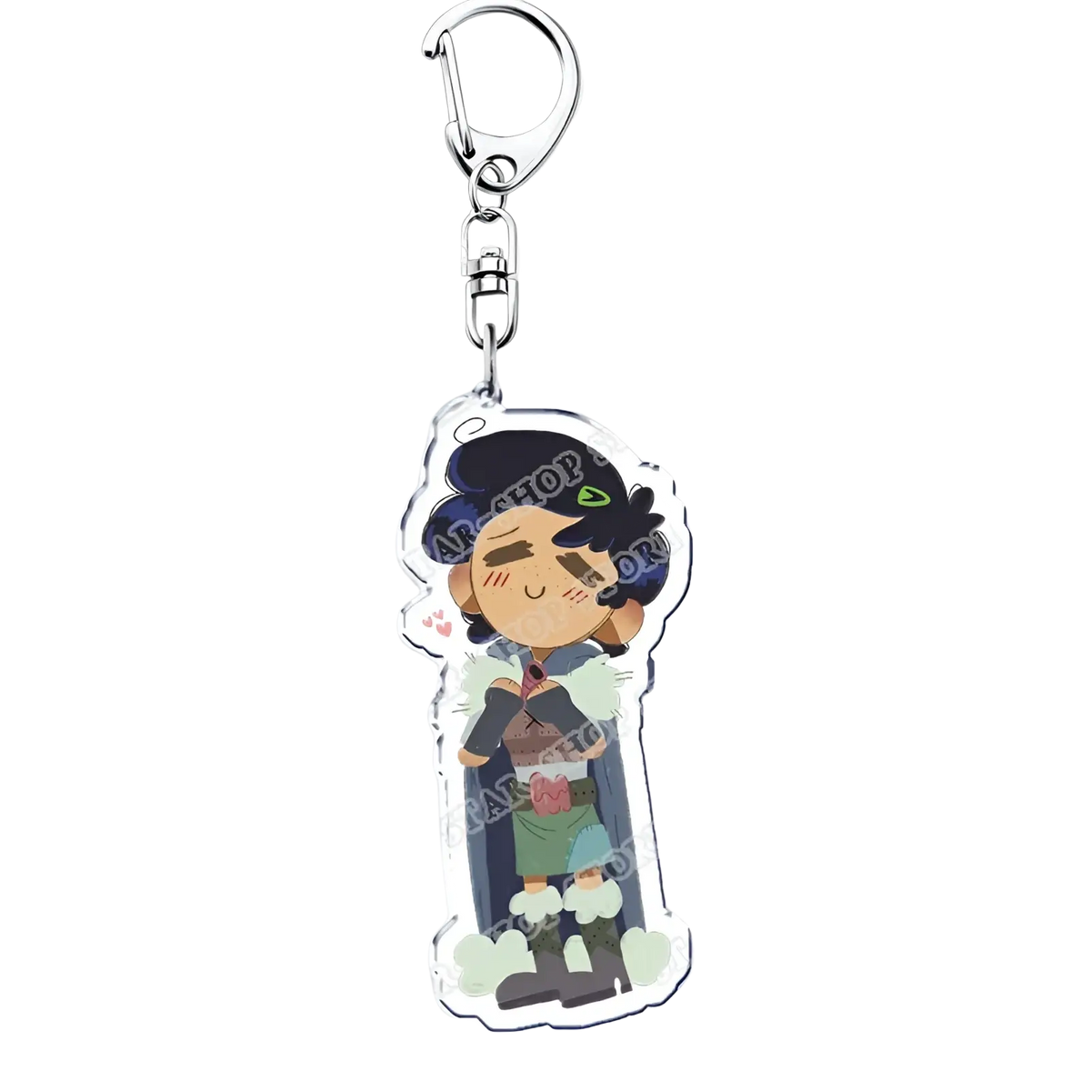 Clear acrylic Amphibia anime keychain featuring a chibi character with dark blue hair in green brown outfit with white fur trim