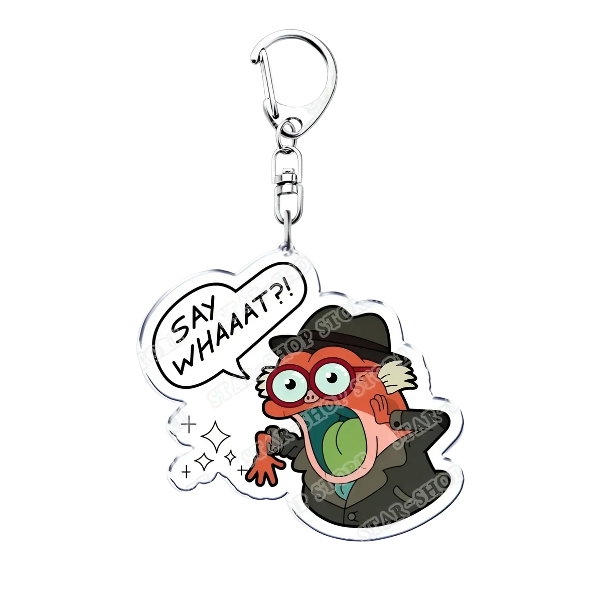Clear acrylic Amphibia anime keychain featuring a red-skinned cartoon character with green belly and black hat shouting