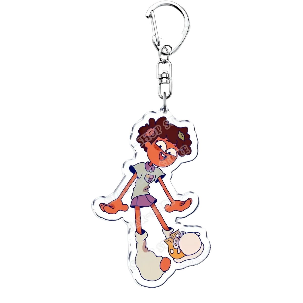 Clear acrylic amphibia anime keychain featuring a cartoon character with brown curly hair and glasses in school uniform