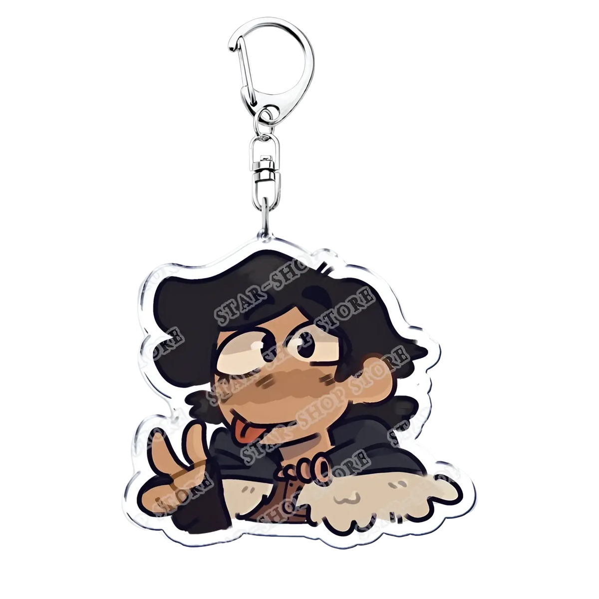 Clear acrylic amphibia anime keychain featuring a cartoon character with black hair brown skin and playful expression