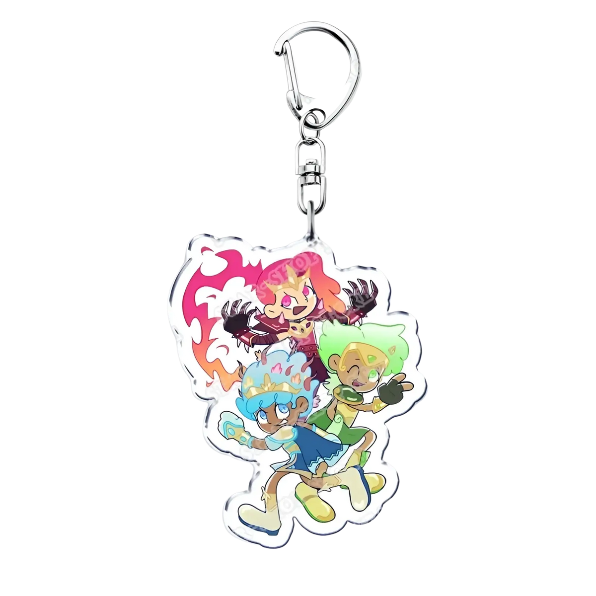 Clear acrylic Amphibia anime keychain featuring three colorful cartoon characters with pink green and blue hair