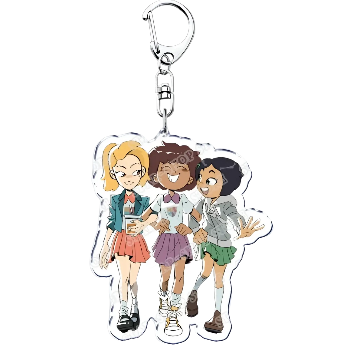 Clear acrylic Amphibia anime keychain featuring three animated girls in colorful school uniforms with distinct outfits