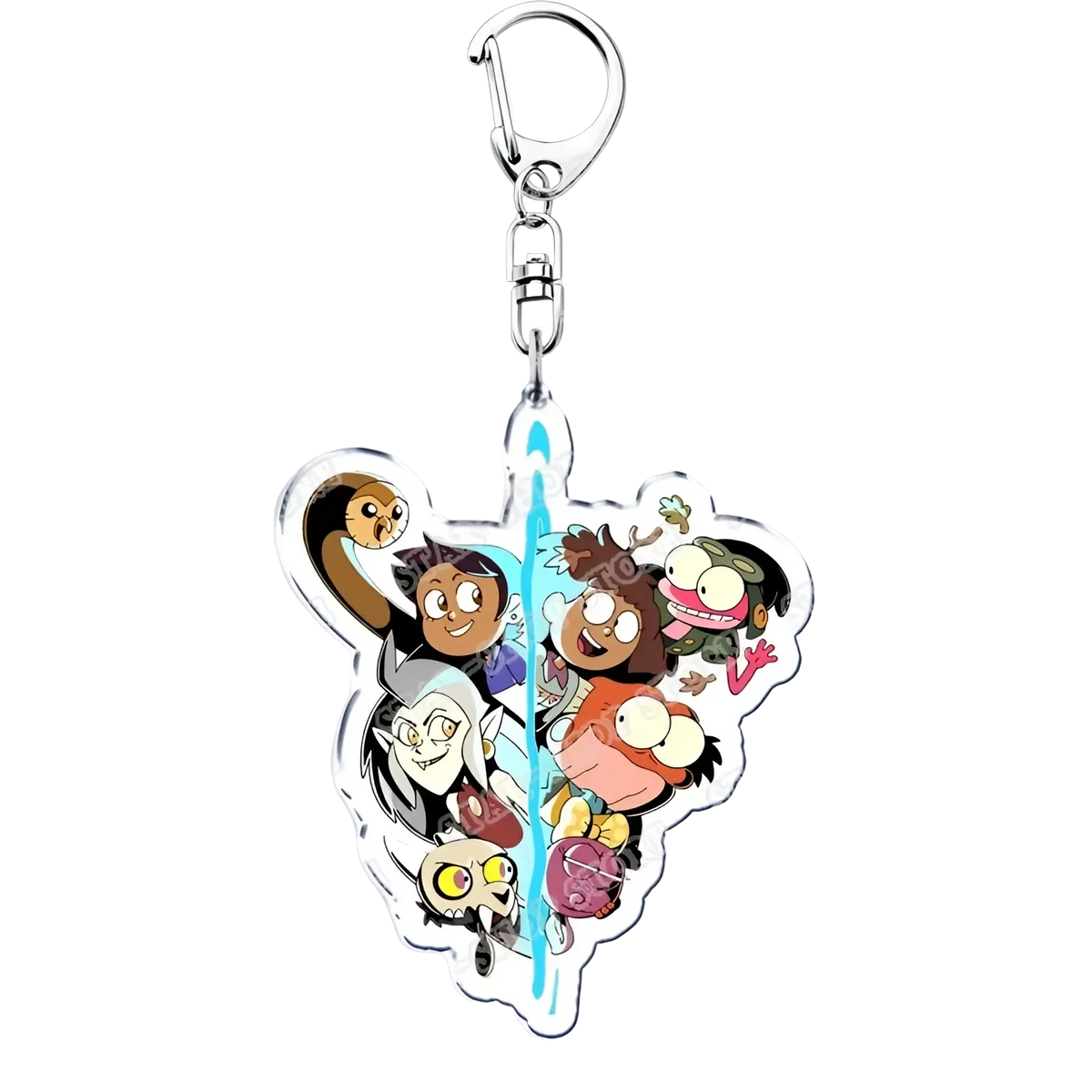 Clear acrylic keychain featuring the owl house animated characters in a heart design with silver metal clasp