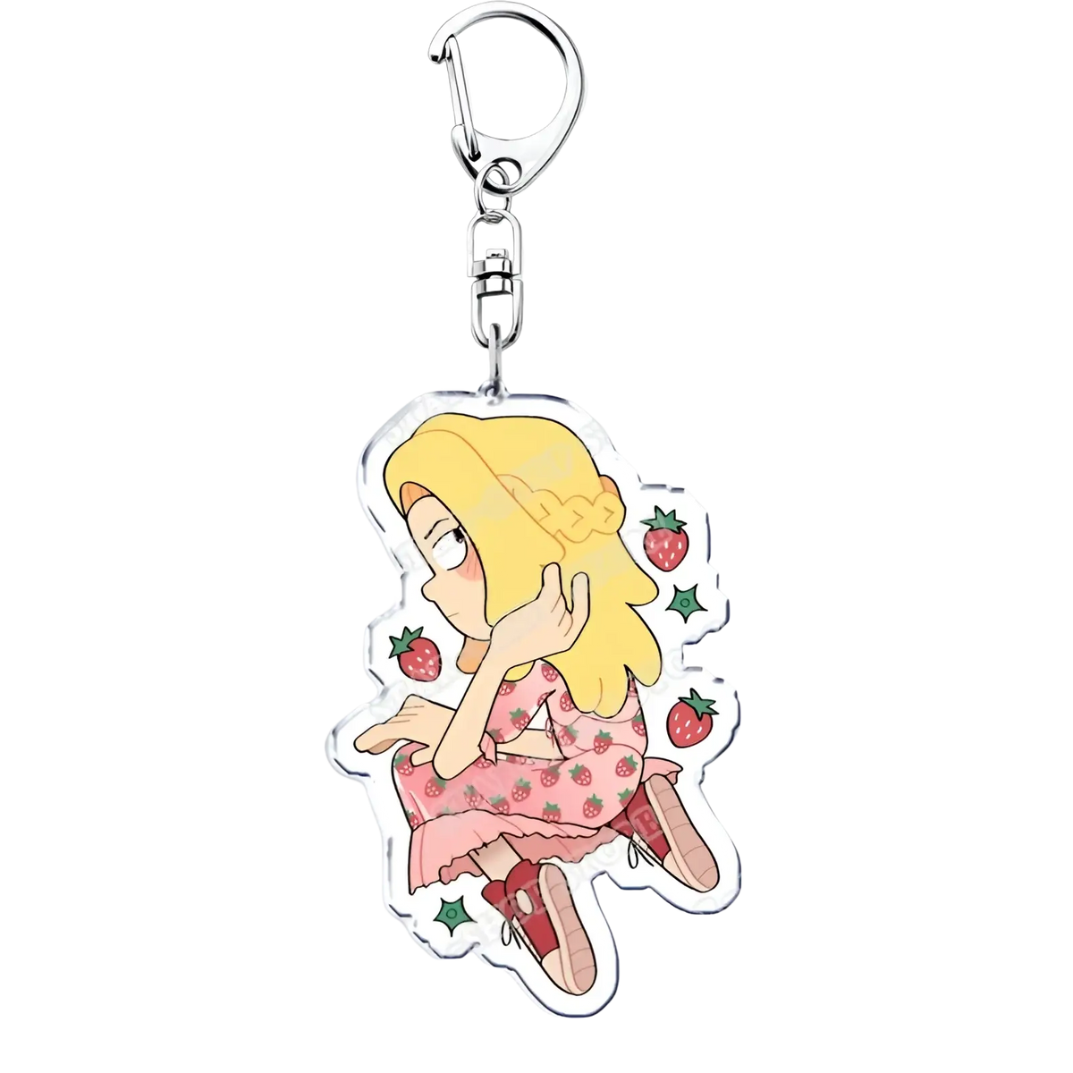 Clear acrylic Amphibia anime keychain featuring a cartoon girl in a pink strawberry dress with small strawberries