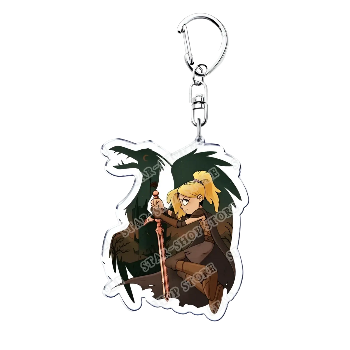 Clear acrylic Amphibia anime keychain featuring a blonde character with a dark green raven holding a sword