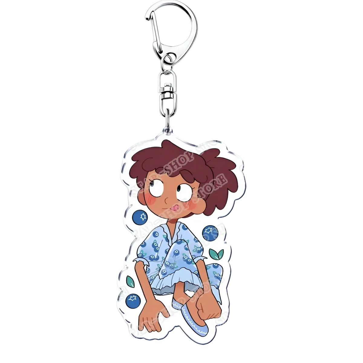 A clear acrylic Amphibia anime keychain featuring a cartoon character with brown hair in a blueberry dress