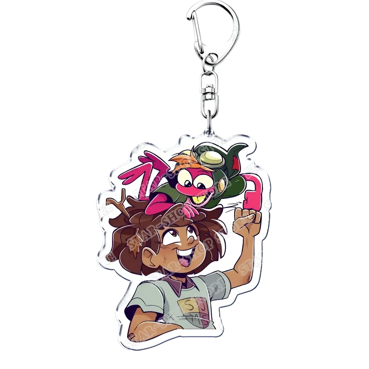 Clear acrylic Amphibia anime keychain featuring a smiling brown-haired character with a green creature on their head