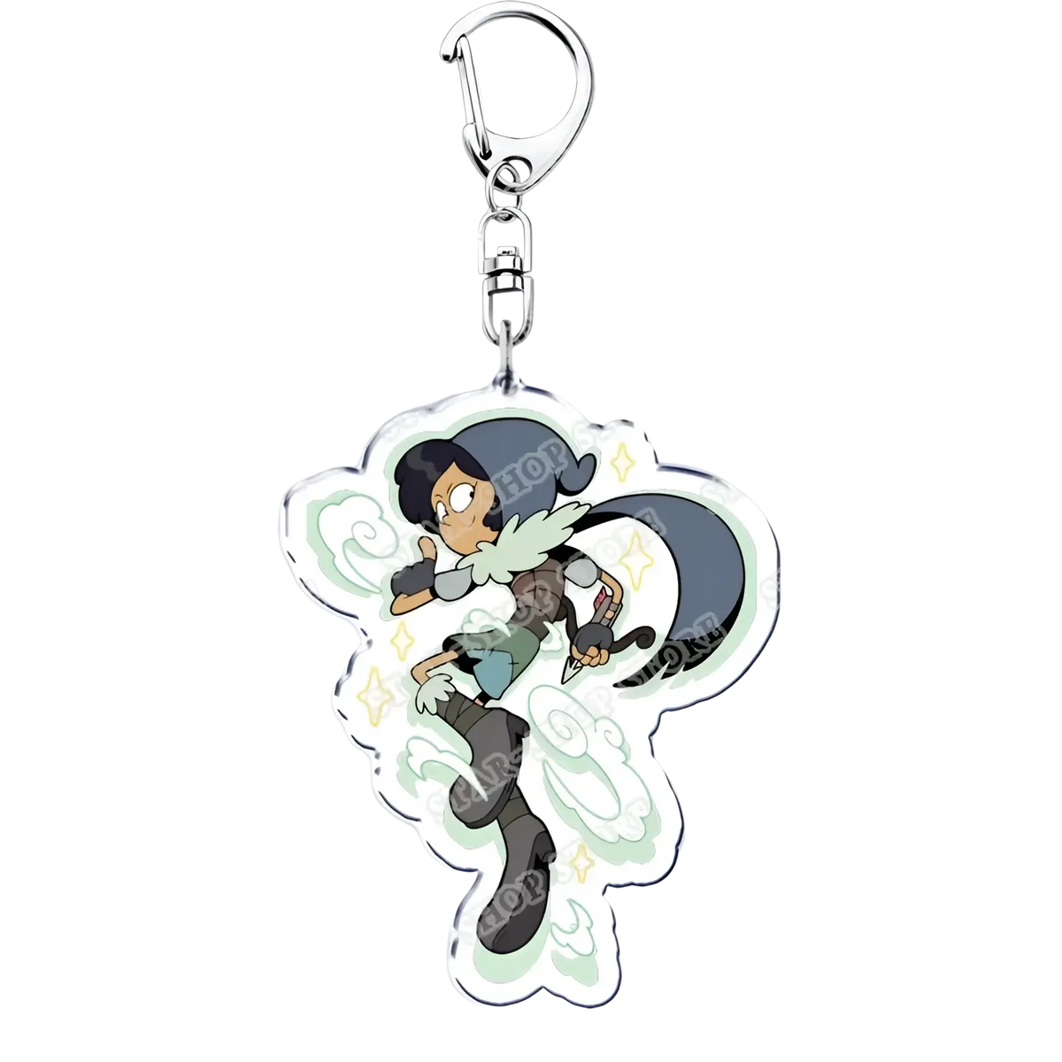 Clear acrylic Amphibia anime keychain featuring a dark-haired character with a long tail and light green swirling background