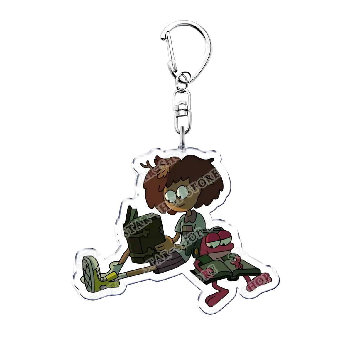 Clear acrylic Amphibia anime keychain featuring a brown-haired character with glasses and a red frog reading books